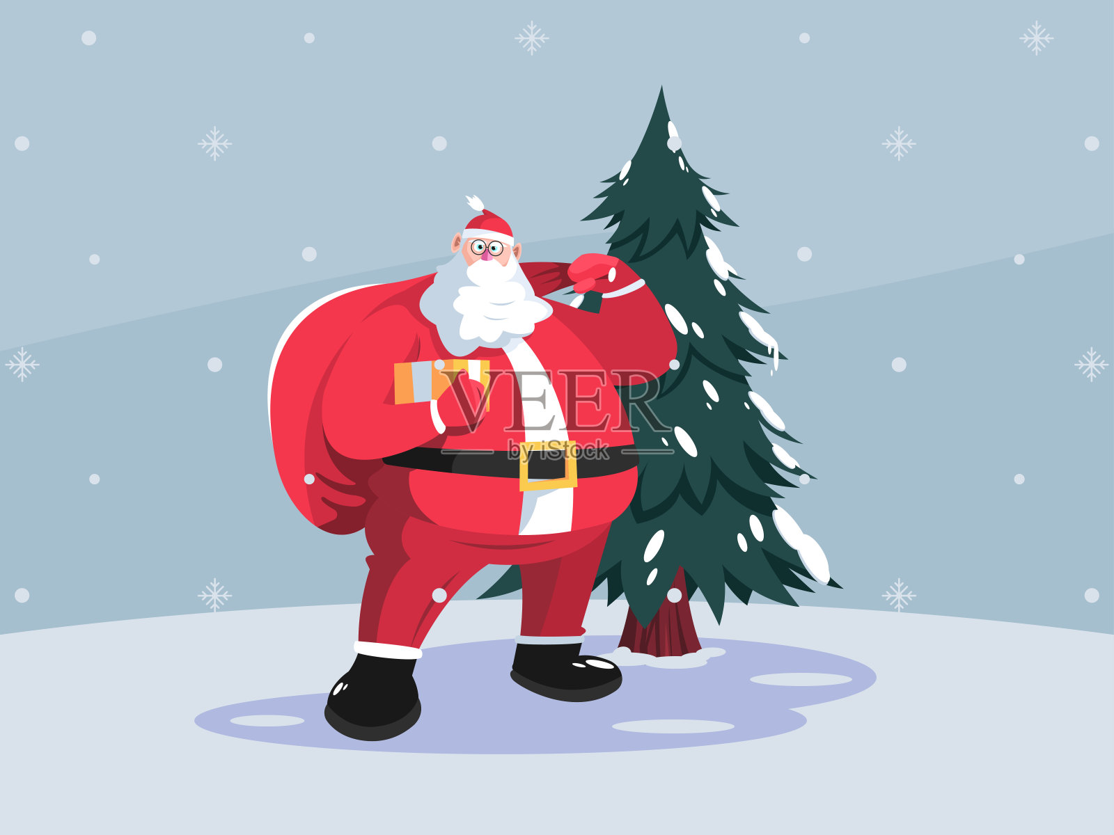 圣诞老人插图人物与礼物，包与礼物。用于圣诞卡，横幅，标签和标签插画图片素材