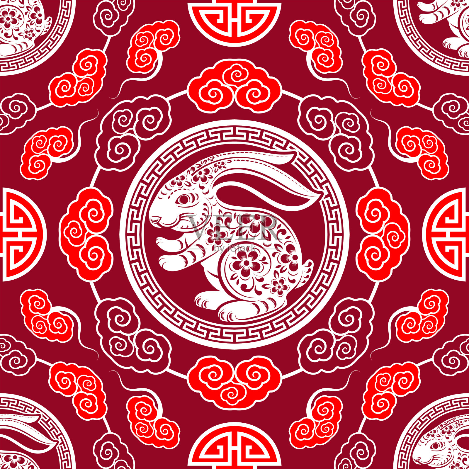 无缝图案与中国新年2023年或中秋节生肖兔年与亚洲元素。插画图片素材
