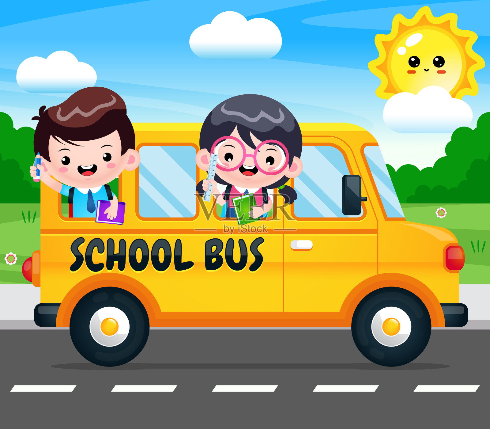 校车载着快乐的孩子们回到学校插画图片素材