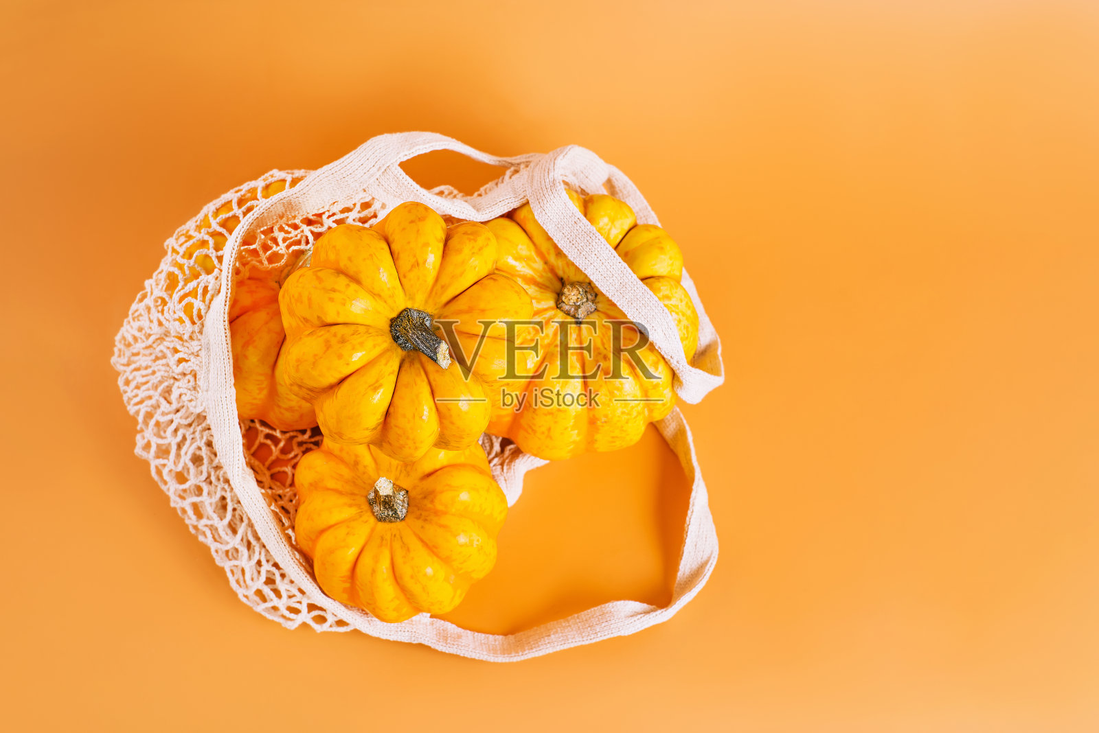 不同品种的南瓜网袋织物上的橙色背景。秋天的概念。副本的空间。南瓜的成分。感恩节快乐。蔬菜秋季食品概念。秋天的万圣节南瓜。照片摄影图片