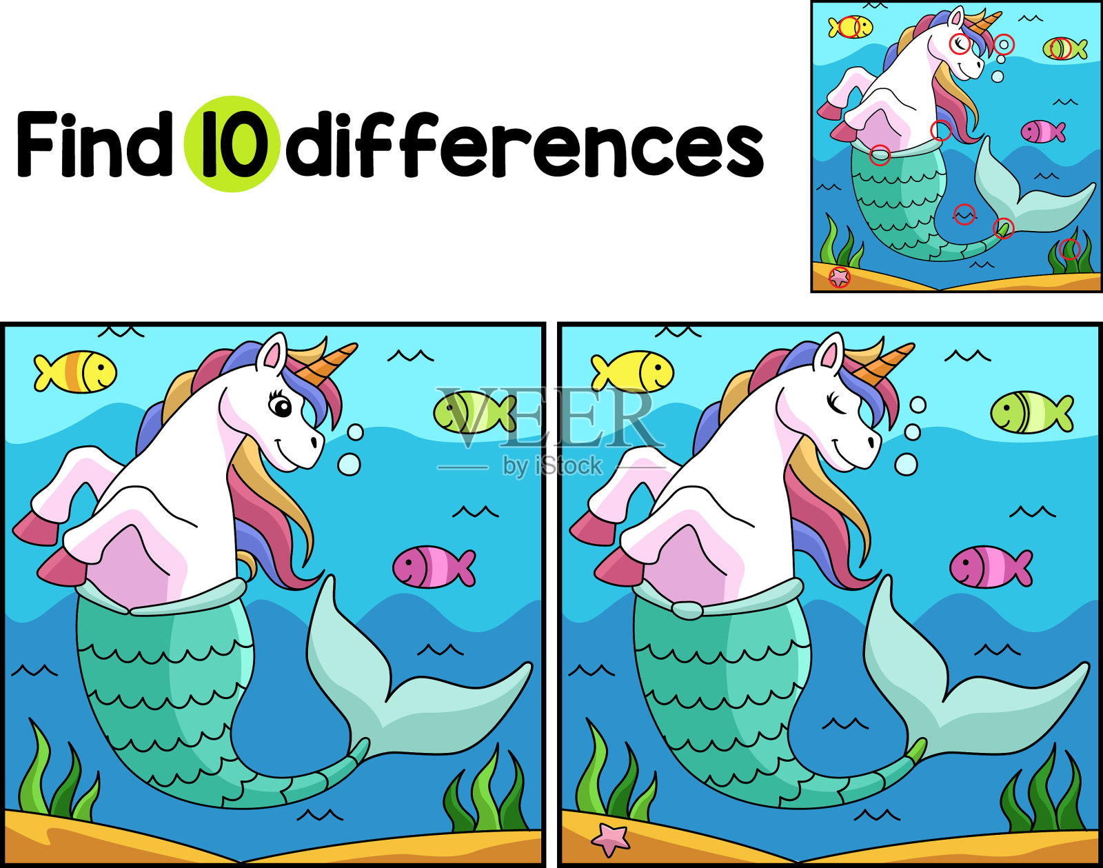 独角兽美人鱼发现差异插画图片素材