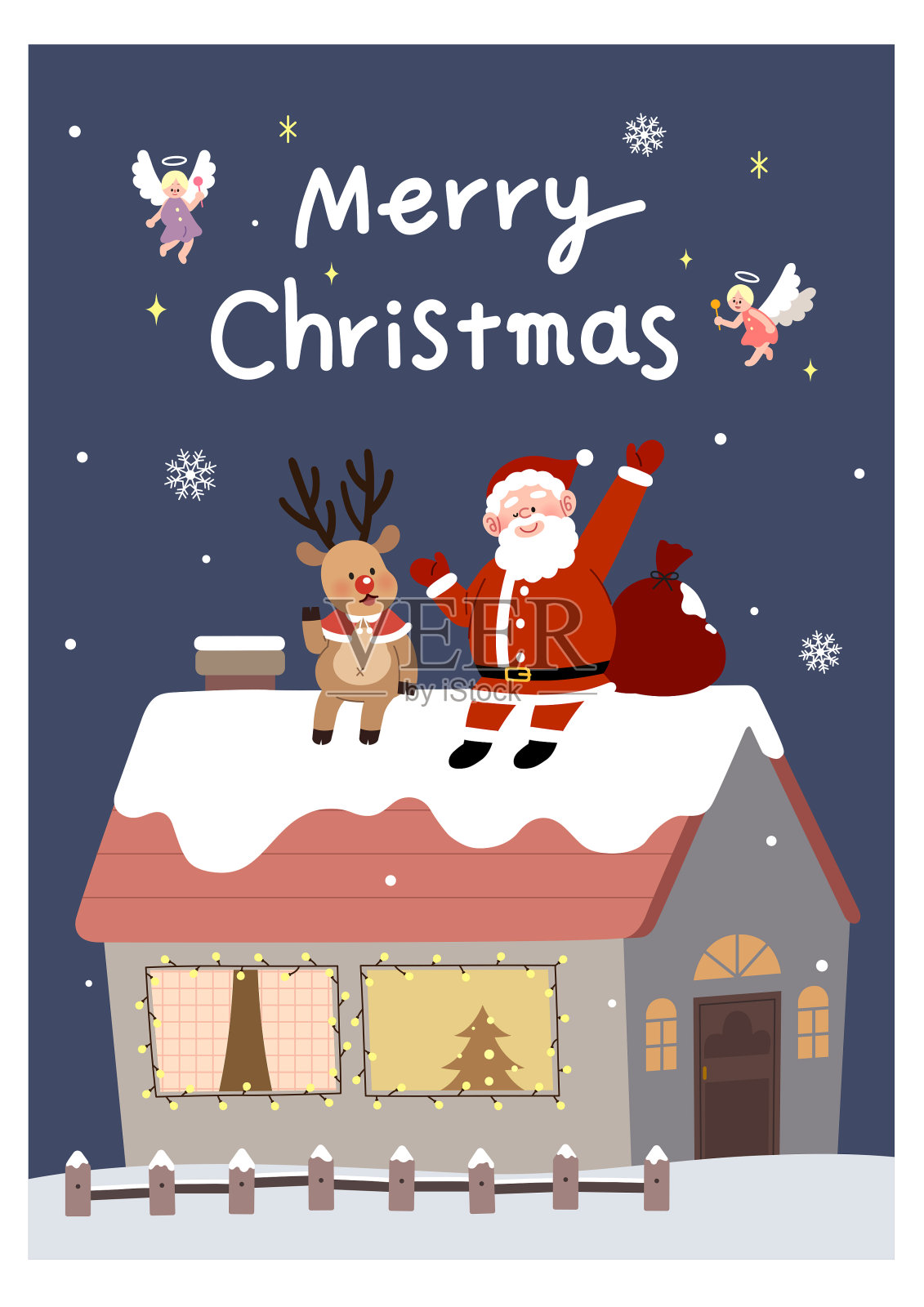 圣诞节庆祝活动,,冬天,字符,圣诞老人,鲁道夫,晚上,屋顶,仙女设计模板素材