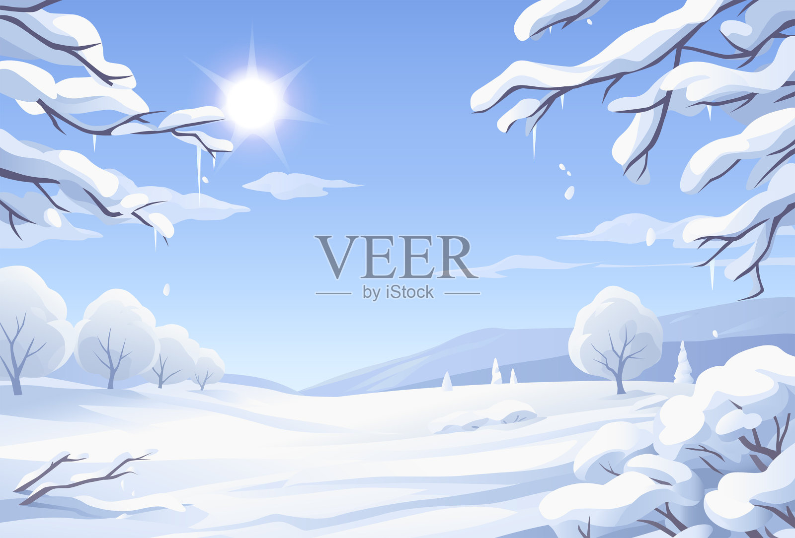 阳光明媚的冬季景观与积雪覆盖的树木插画图片素材