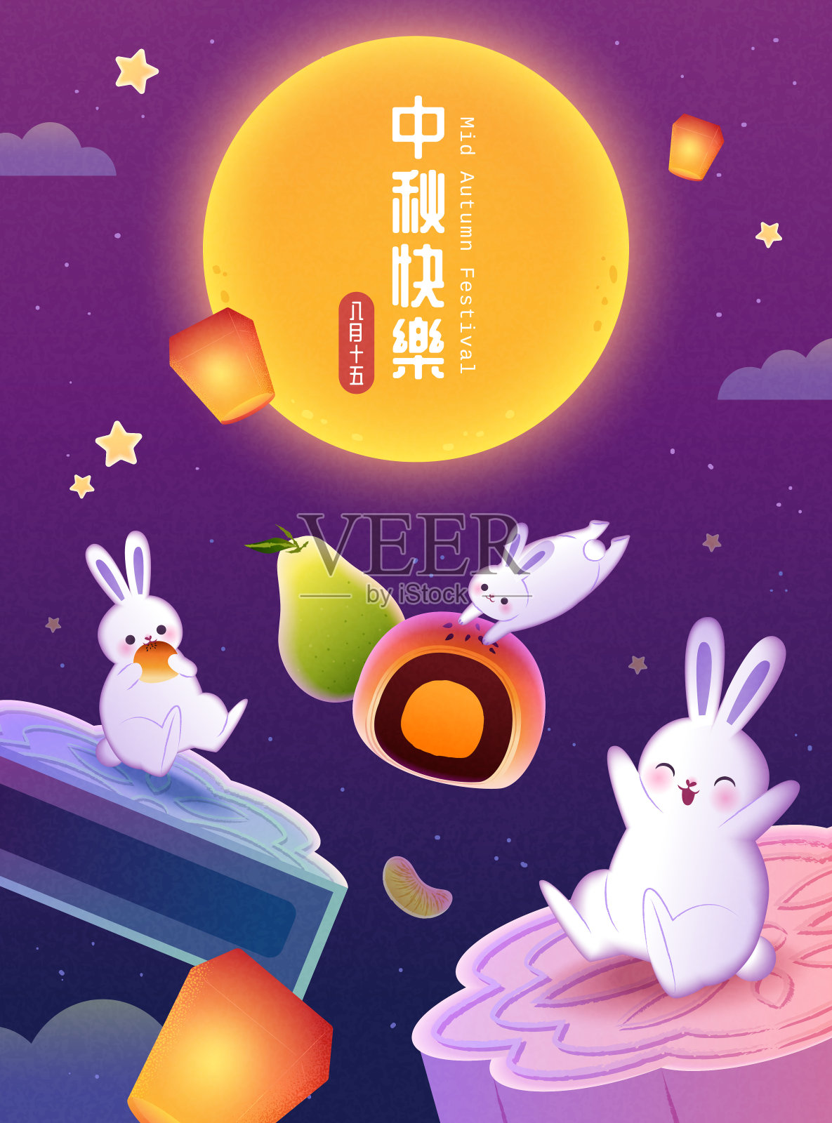 可爱微光中秋节海报 月饼上的玉兔与满月插画图片素材