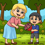 母亲节孩子送花彩色卡通插画图片