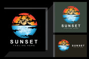 日落海滩标志设计海景红色天插画图片