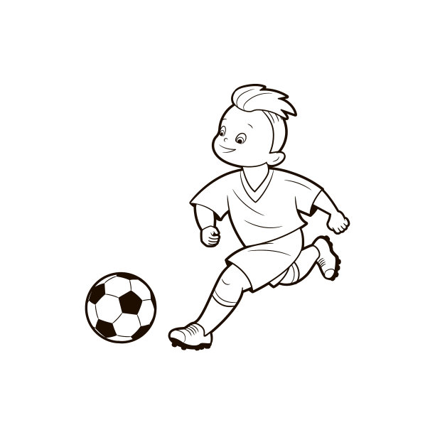矢量插图卡通风格,黑白孤立线艺术涂色书足球运动,十几岁的男孩庆祝