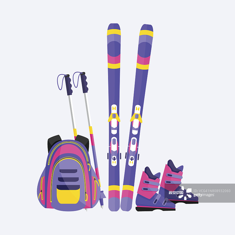滑雪板，滑雪杖，靴子和背包，冬季运动度假元素图片素材