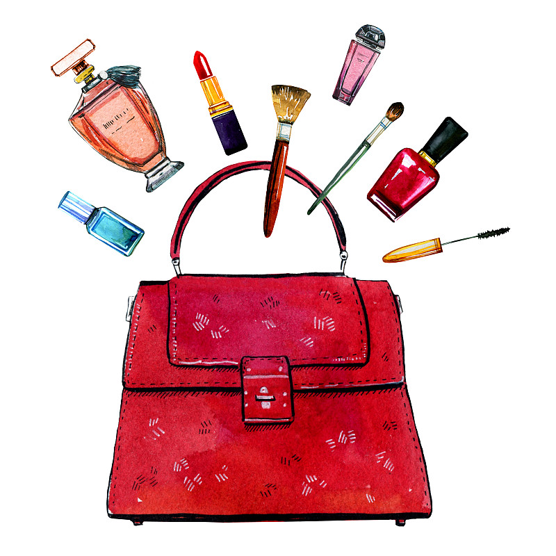 手绘水彩插图与红色风俗化的女性包，香水和化妆品图片素材