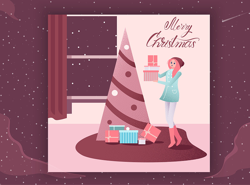 圣诞贺卡与圣诞树和女孩与礼物。图片下载