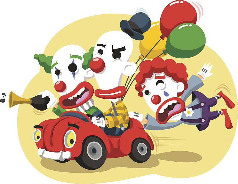 小丑马戏团表演在汽车与气球和喇叭图片下载