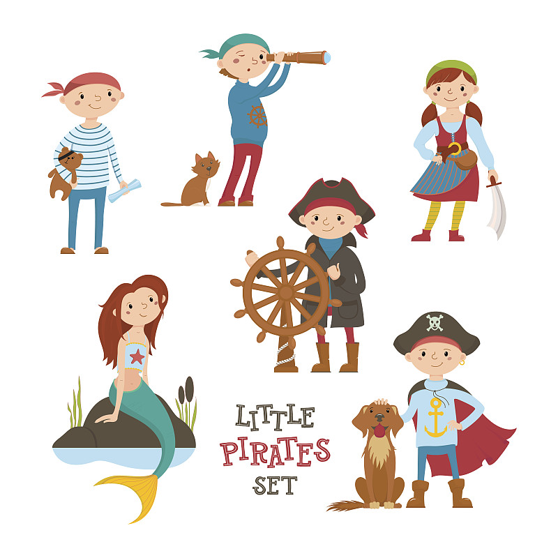 一套可爱的卡通小海盗，水手孩子和美人鱼图片下载