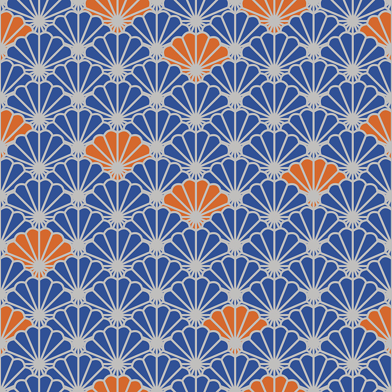 日本扇面矢量无缝图案，以蓝色和橙色为主色调风格图片下载
