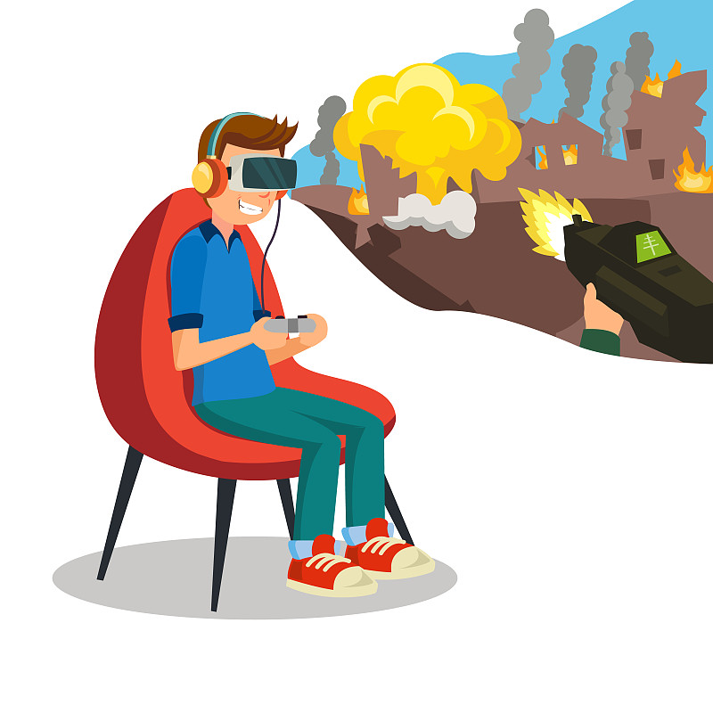 增强现实游戏向量。小男孩戴着耳机玩虚拟现实模拟游戏。孤立的平面卡通人物插图图片下载
