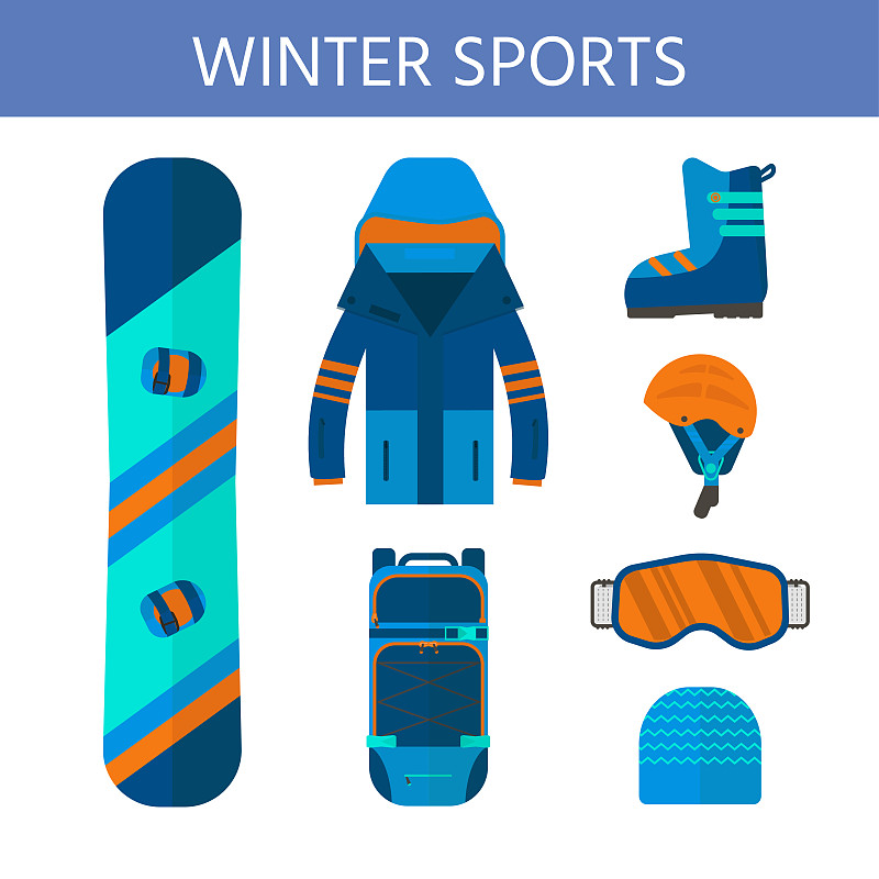 冬季运动图标系列。滑雪和滑雪板成套装备图片素材