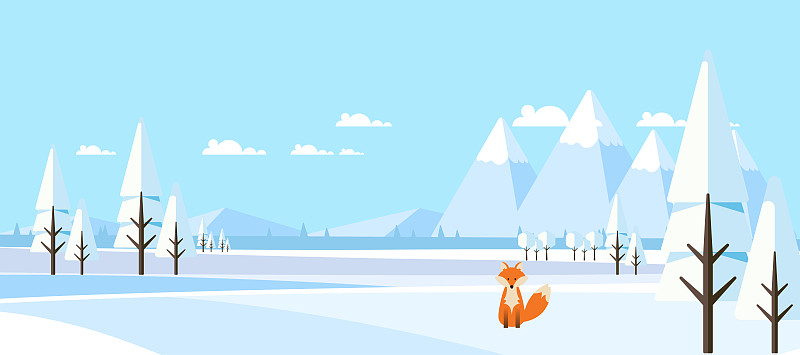 冬季景观与狐狸在平面风格插图图片下载